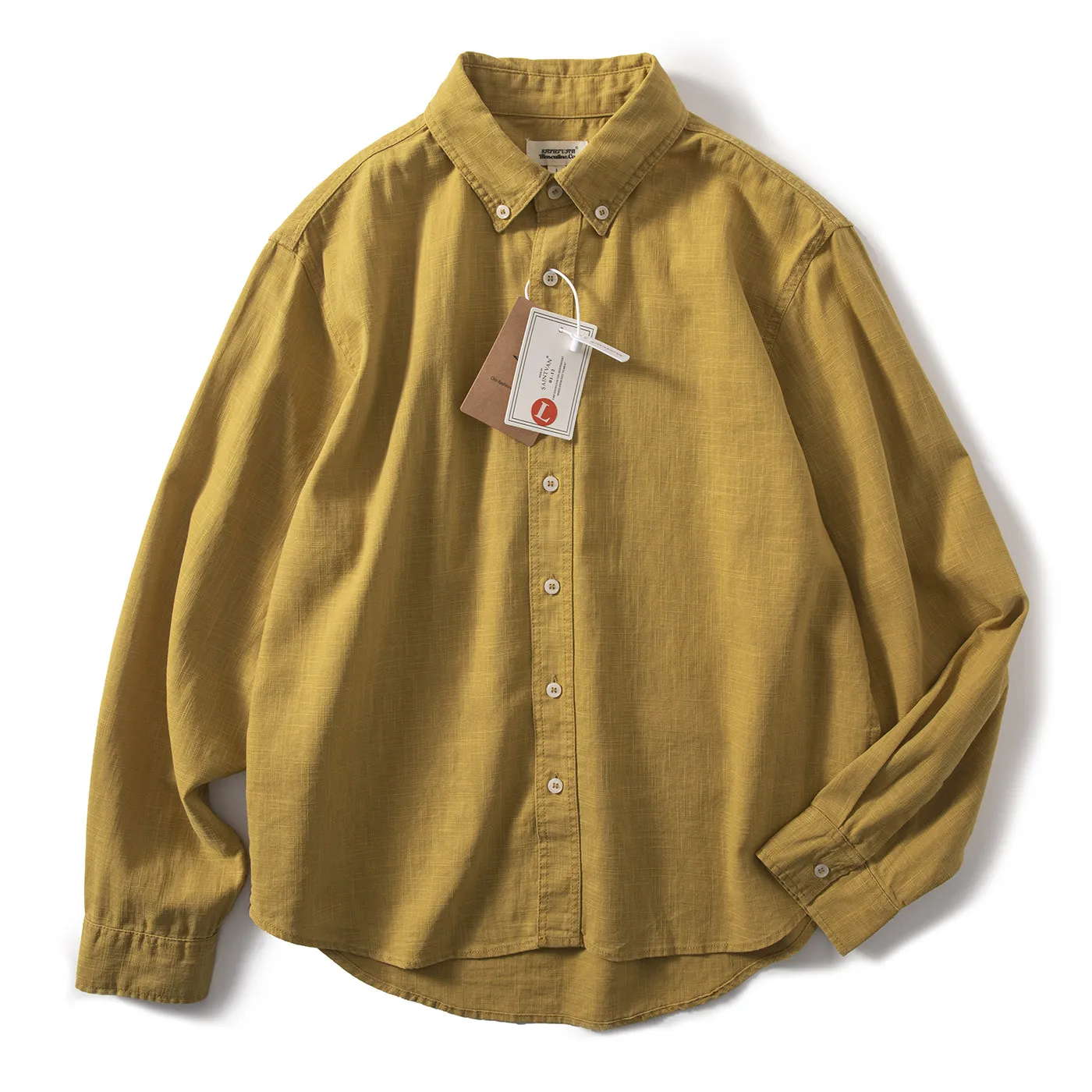 Men's Spring Heavyweight Washed Ramie-Cotton Solid Long-Sleeve Shirt Minimalist Versatile Casual American Retro Vintage Style