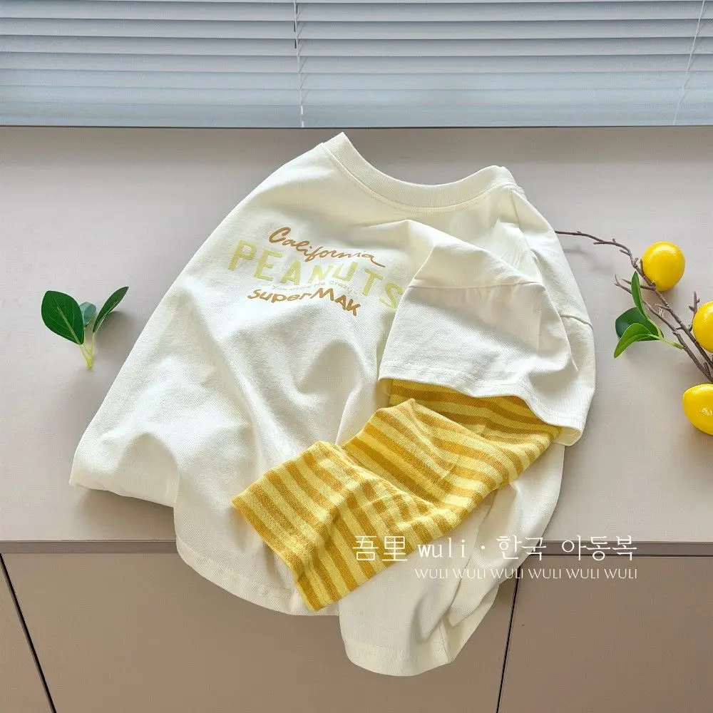 Children's Striped Long Sleeve T-Shirt Spring Summer New Style Boy Girl Loose Top with Letter Splicing