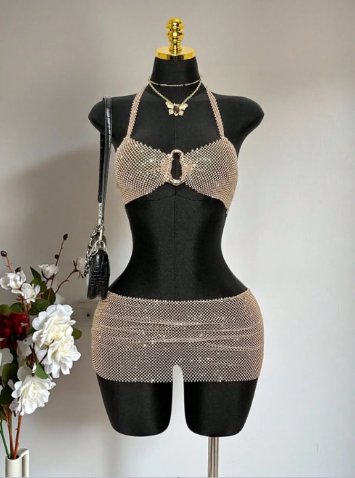 AKYZO European And American Women's Fashion Metal Buckle Fishing Net Women's Suit Sexy Spicy Girl Nightclub Dress