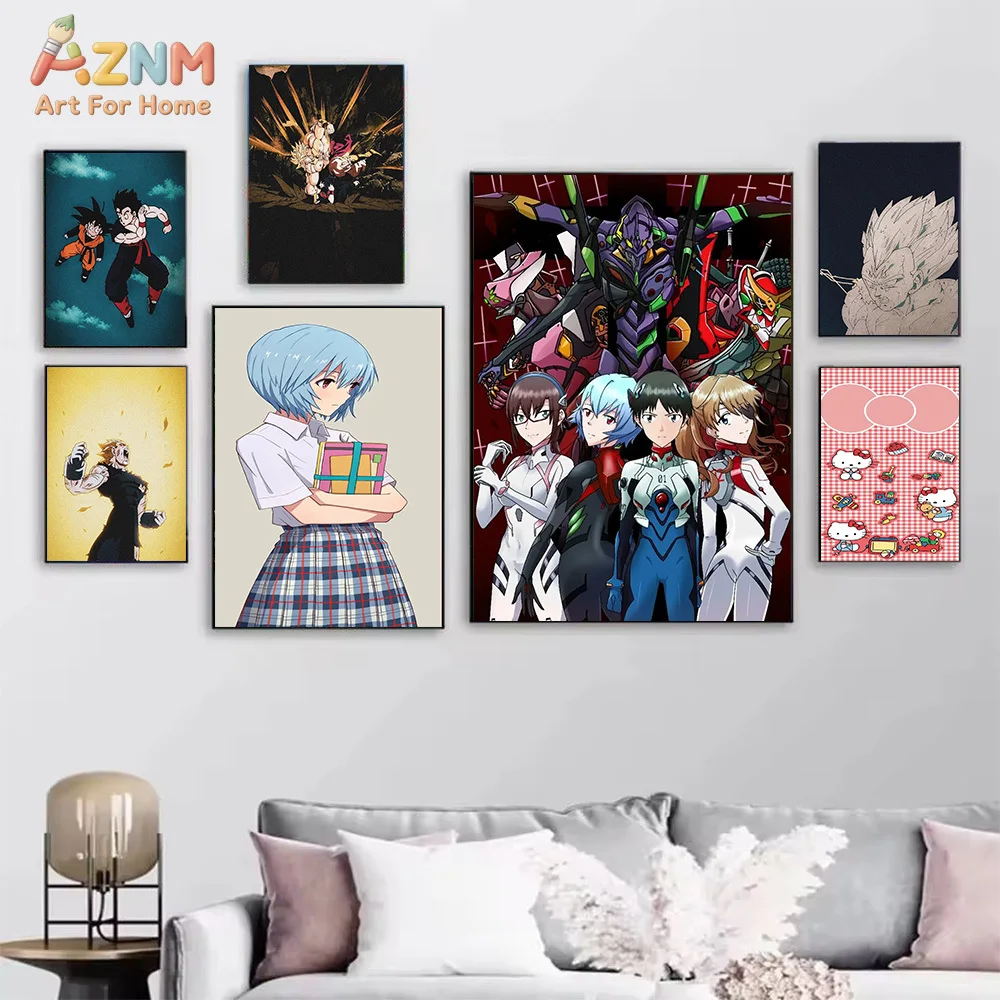 AZNM Anime Canvas Wall Art, Neon Genesis Evangelion & Dragon Ball & Hello Kitty Print Poster for Room Decor