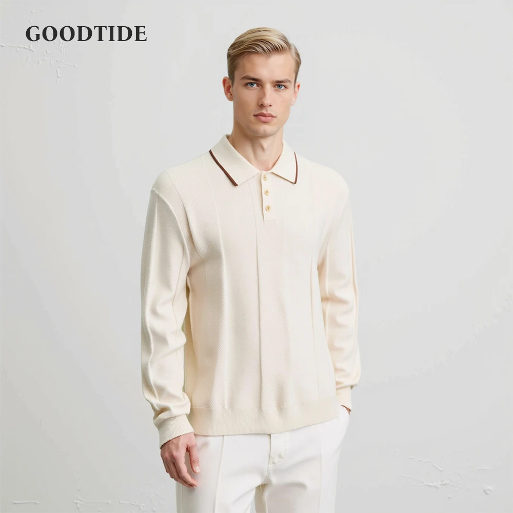 2025 Button Down Polo Shirt Men's Solid Color Stripe Long Sleeve Fall Winter Luxury Warm Touch Business Casual Men Polo Shirts