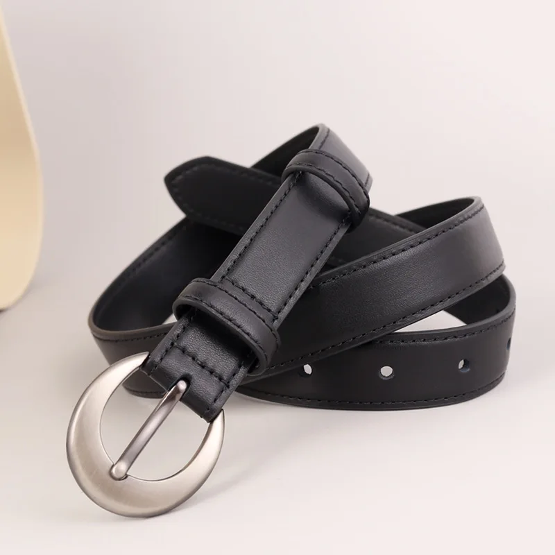 New Arrival Women Matte Silver Pin Buckle Genuine Leather Belt Minimalist Versatile Jean Waist Belt