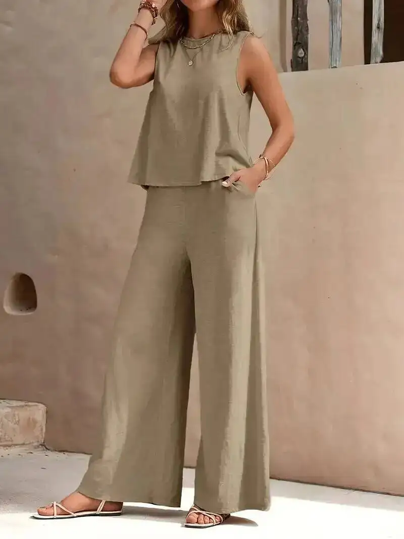 Casual Simple Pants Set Womens Sleeveless Summer  Pants Suit Flash Sale Solid Color Elegant Two Piece Round Neck Suit