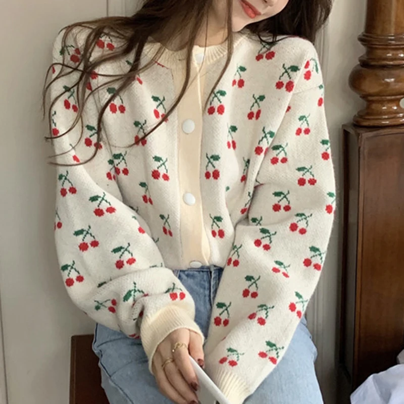 

Cherry Jacquard Wool Jumpers Woman Cardigan Button Up Thicken Autumn Sweater Female Korean Sweet Knit Coat Winter