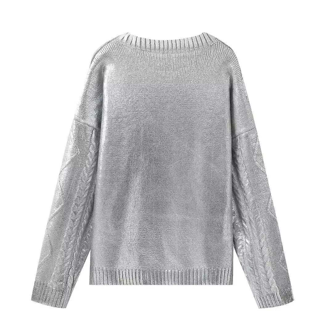 Women\'s Tops Winter New Retro Round Neck Long Sleeved Diamond Grid Metal Foil Woven Sweater for Women