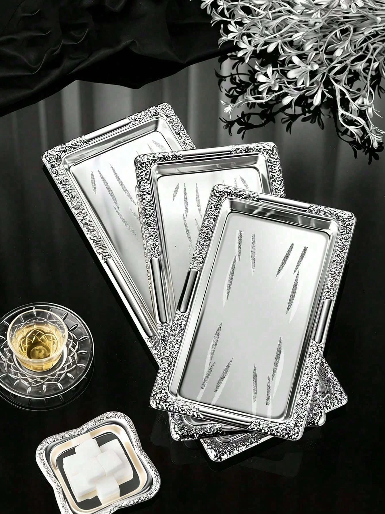 1 piece of silver wrought iron long tray, storage tray, dinner plate and serving tray in Middle Eastern style; available in thre view 3