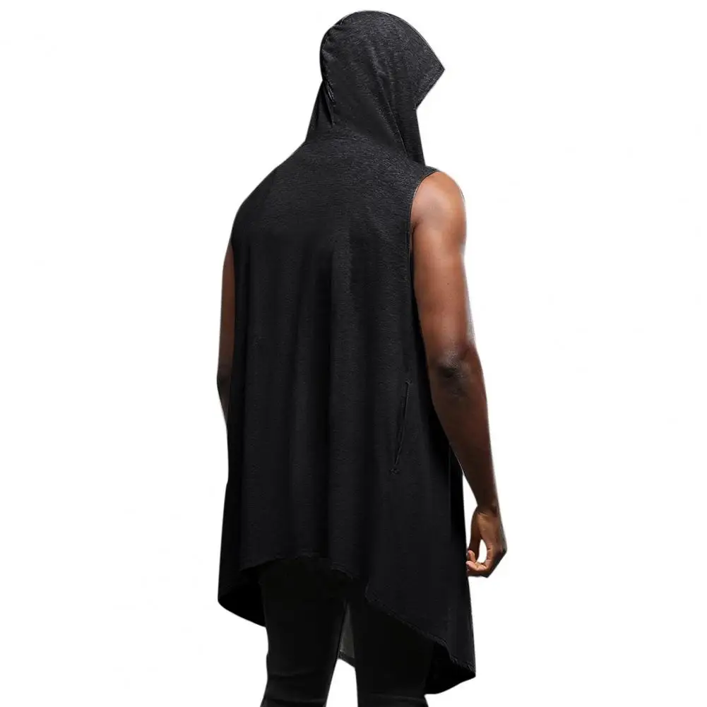 Men Autumn Vest Sleeveless Coat Cardigan Open Stitch Hooded Long Jacket Vest Cloak Stage Costume Men Hiphop Cape Cardigan