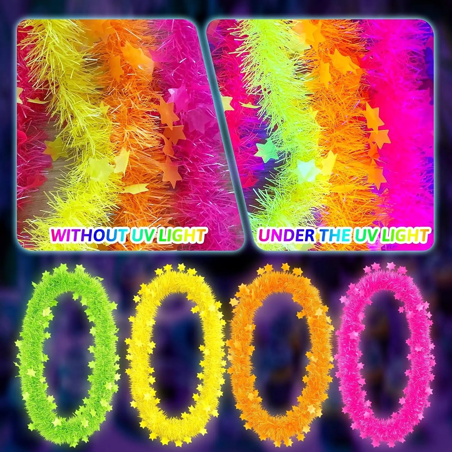 Glow in the Dark 5-Star Flower Garland Necklace Neon Blacklight Decor with Tassel for Rave Festival Nightclub Glow Photoshoot view 5
