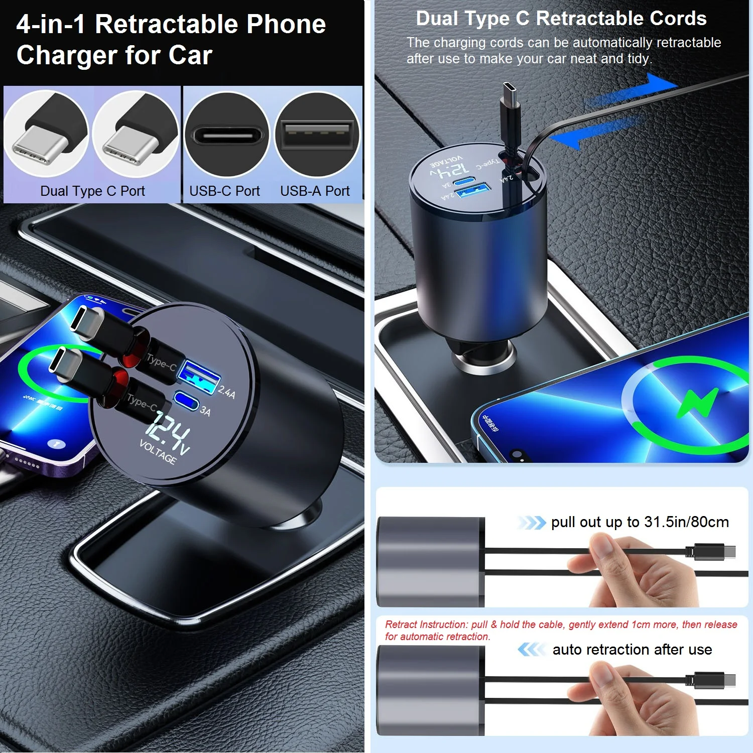 Caricabatteria da auto retrattile, caricabatteria da auto veloce 4 in 1 Dual Type-C 120W adattatore per caricabatteria da auto USB per accendisigari per iPhone