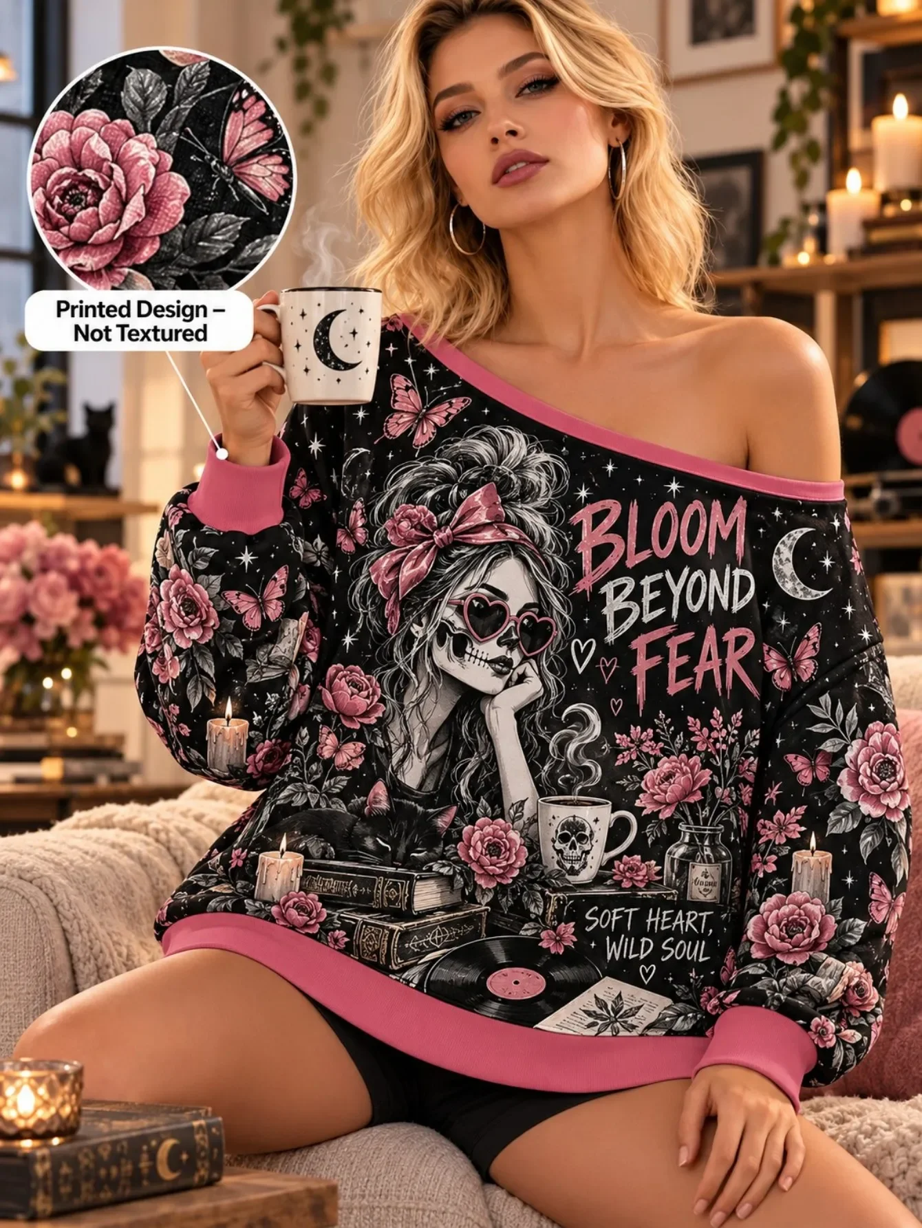 Women Deadly Elegance Off Shoulder Sweatshirt, Gothic Skull Red Rose Lady Lace Vintage Graphic Long Sleeve Top