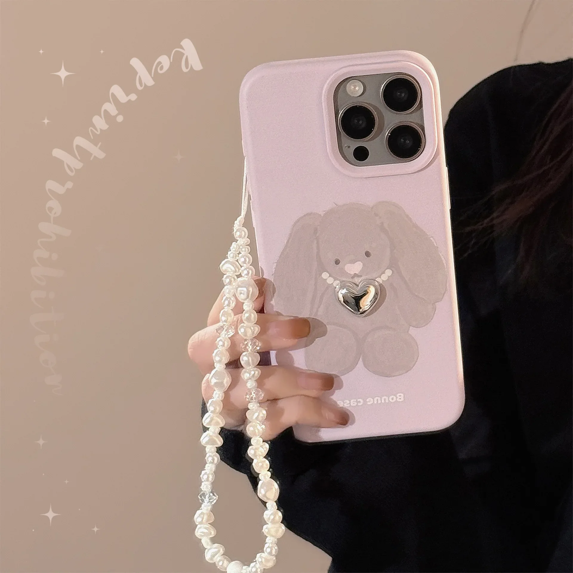 Cute Pearl Lanyard Drop Ear Rabbit Phone Case for IPhone16 15 14 12 13 11 Pro ProMax Plus X XR Shockproof Phone Cover