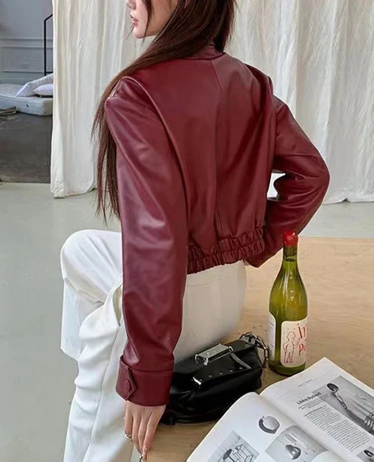 2024 European New Fashion Short Leather Jacket For Women 2024 Casual Elastic Band Waist Top Clothing Mujer Varsity Claret Veste