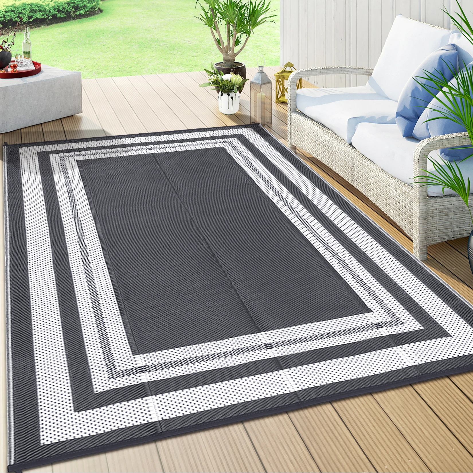 5x8 Reversible Mats, Outdoor Rug for Patio Clearance Solid Border Carpet Waterproof Reversible Mats Patio Rug RV Camping Rug