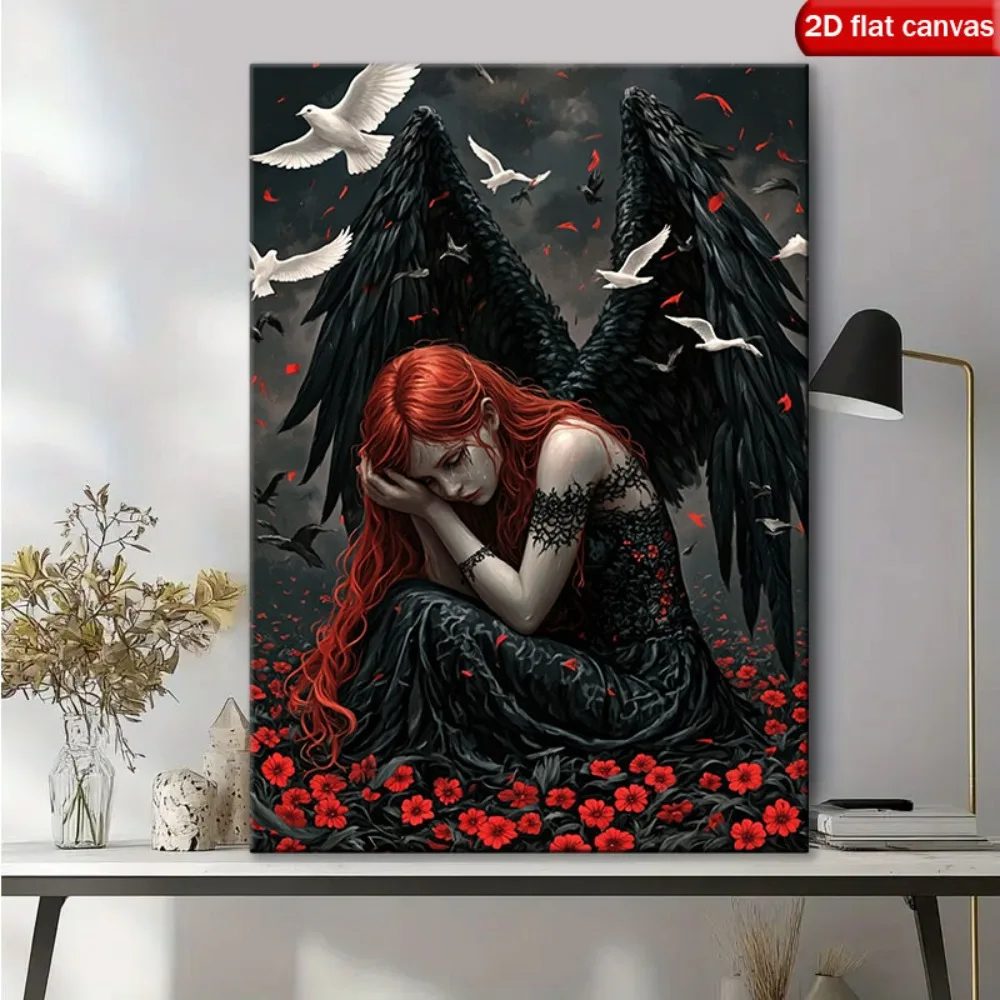 (No frame)2D Flat, 2D Flat, 2D Flat Poster, Black Angel with Red Hair Sitting Among Flowers, with Wooden Frame Decoration, Id