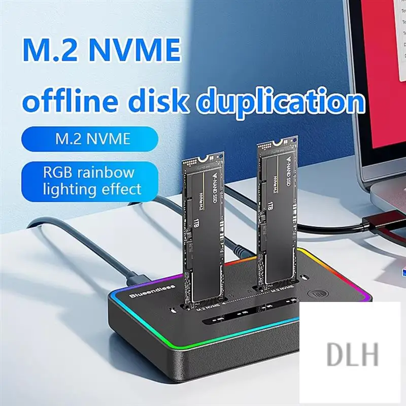 

VO-Blueendless Dual-Bay M.2 NVME SSD Docking Station RGB USB C Type C Offline Cloner Duplicator Nvme PCIE Enclosure