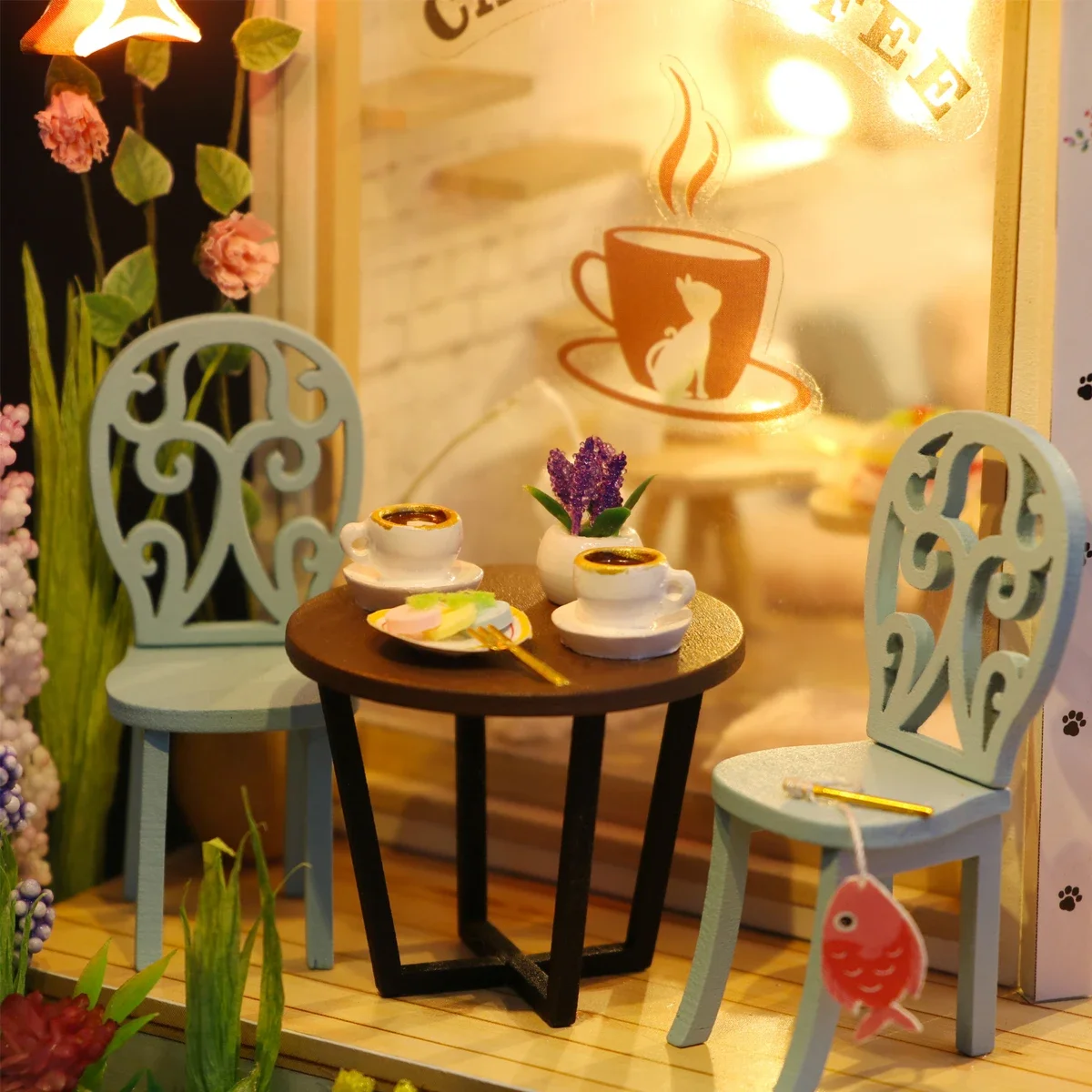 Doll House Cat Cafe DIY Small Kit Making Room Toys Home Bedroom Decoration with Furniture Wooden Accessories Girlfriend Gifts