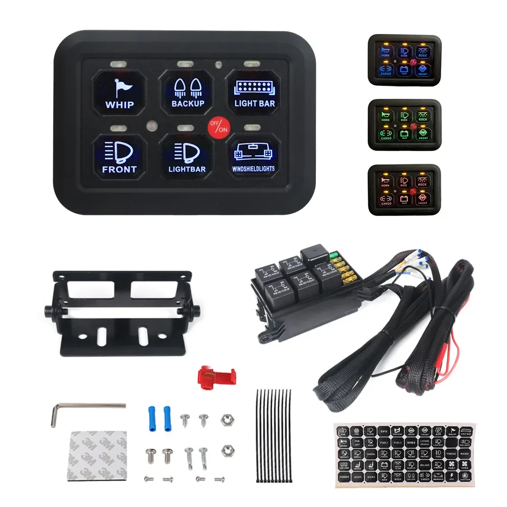 

7-Color Adjustable LED 6 Gang Switch Panel Circuit Control Relay System Box Slim Touch Control Panel for Boat Jeep UTV Caravan