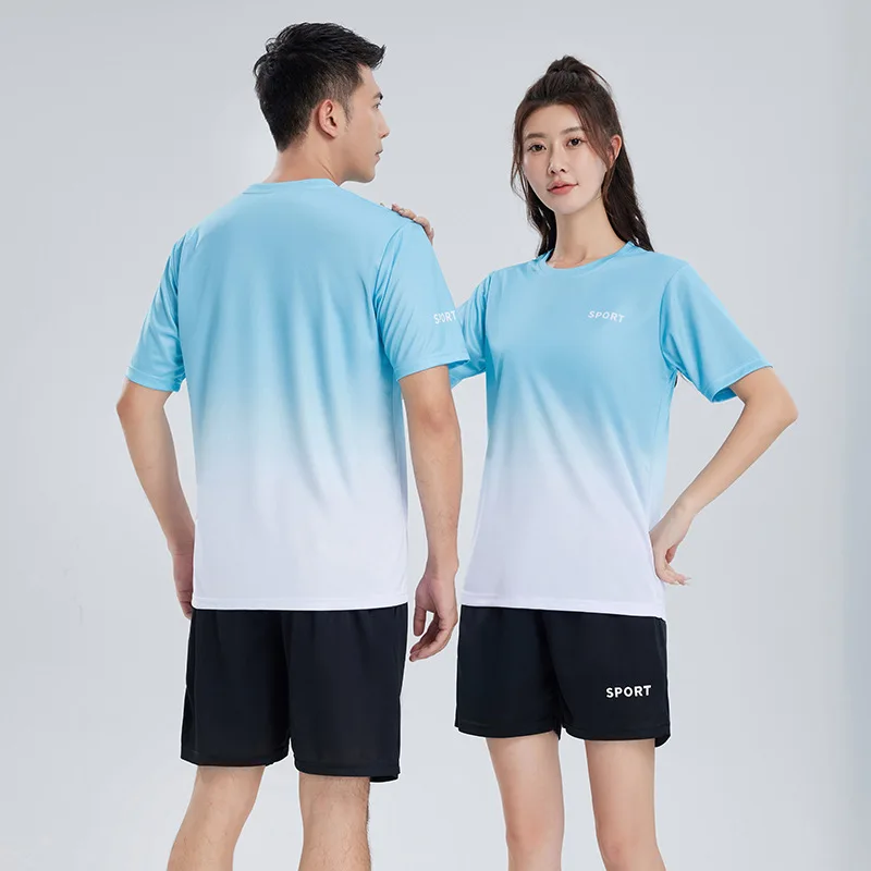 Summer Gradient Sportswear Set Men Women Quick Dry T-shirt Shorts Couple Running Fitness Casual Gym Workout Outfit