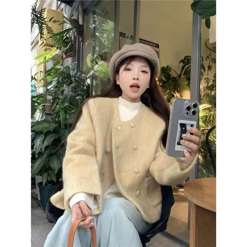 Spring Female Small Fragrant Style Solid Color Cotton Jacket Insulation, Women's Design Sense, Double Breasted Loose Casual Top