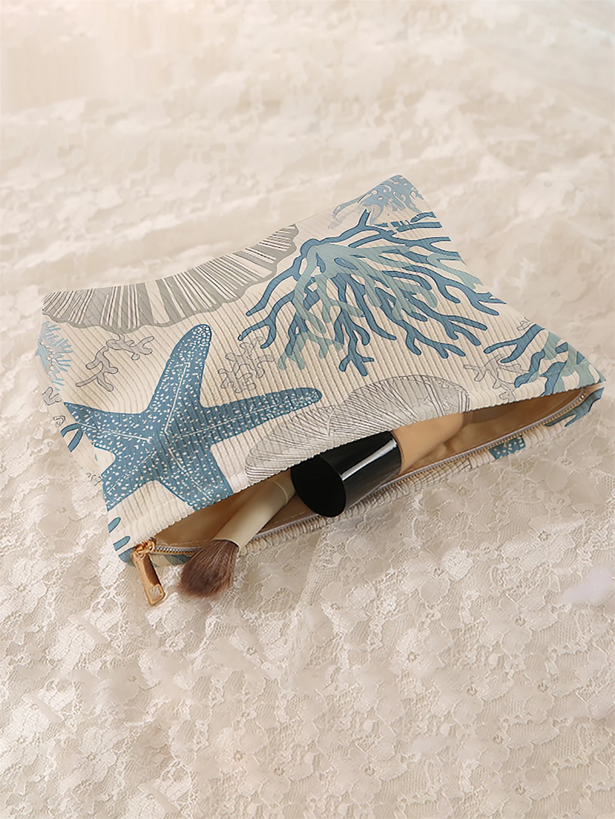 1 حقيبة مكياج سروال قصير منقوش على شكل نجم البحر، صندوق تخزين مكياج بسحاب خفيف الوزن، حقيبة متعددة الوظائف مع بطانة #4