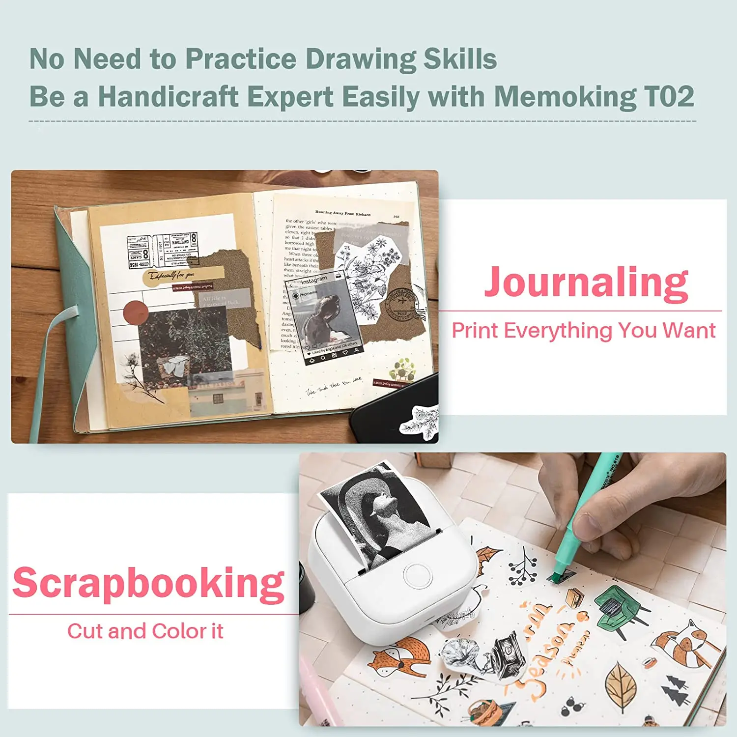 Phomemo T02 Mini Printer Portable Printer Thermal Printing Sticker Wireless Inkless Pocket Printer Self-adhesive Label Printer