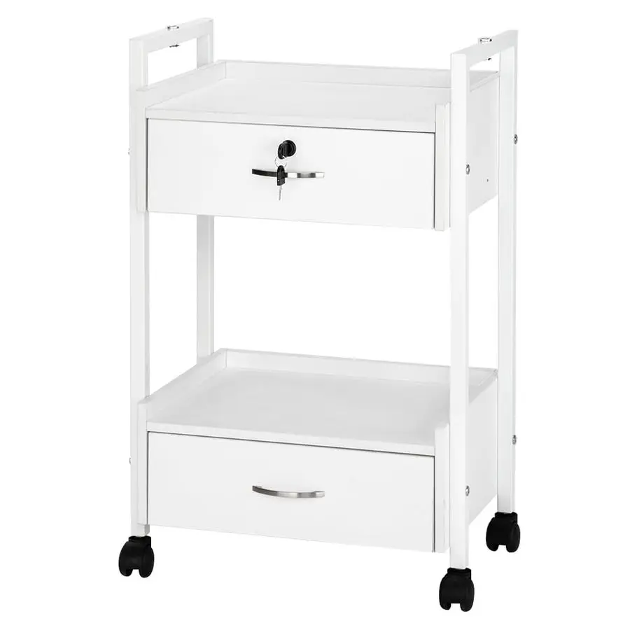 Trolley Cart for Beauty SPA, Wooden Rolling Storage Station, White Mobile Utility Cabinet with 2 Drawers 1 Lockable, Medical Es