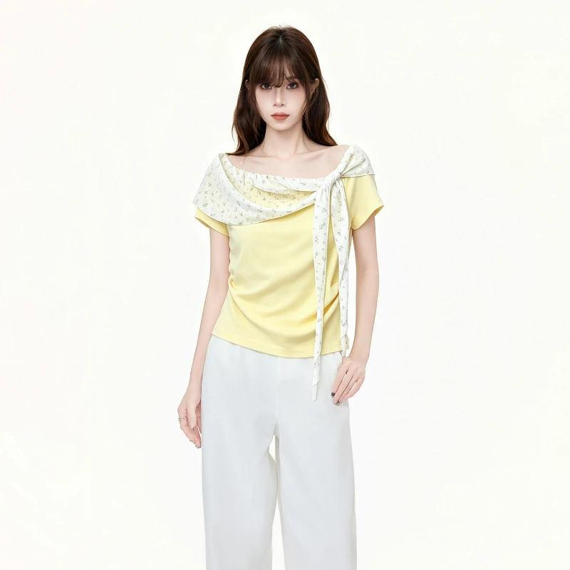 

Milk Yellow Dopamine Bow One Shoulder Short Sleeved T-shirt for Women 2026 Summer New Style Fashionable Sexy Off Shoulder Top