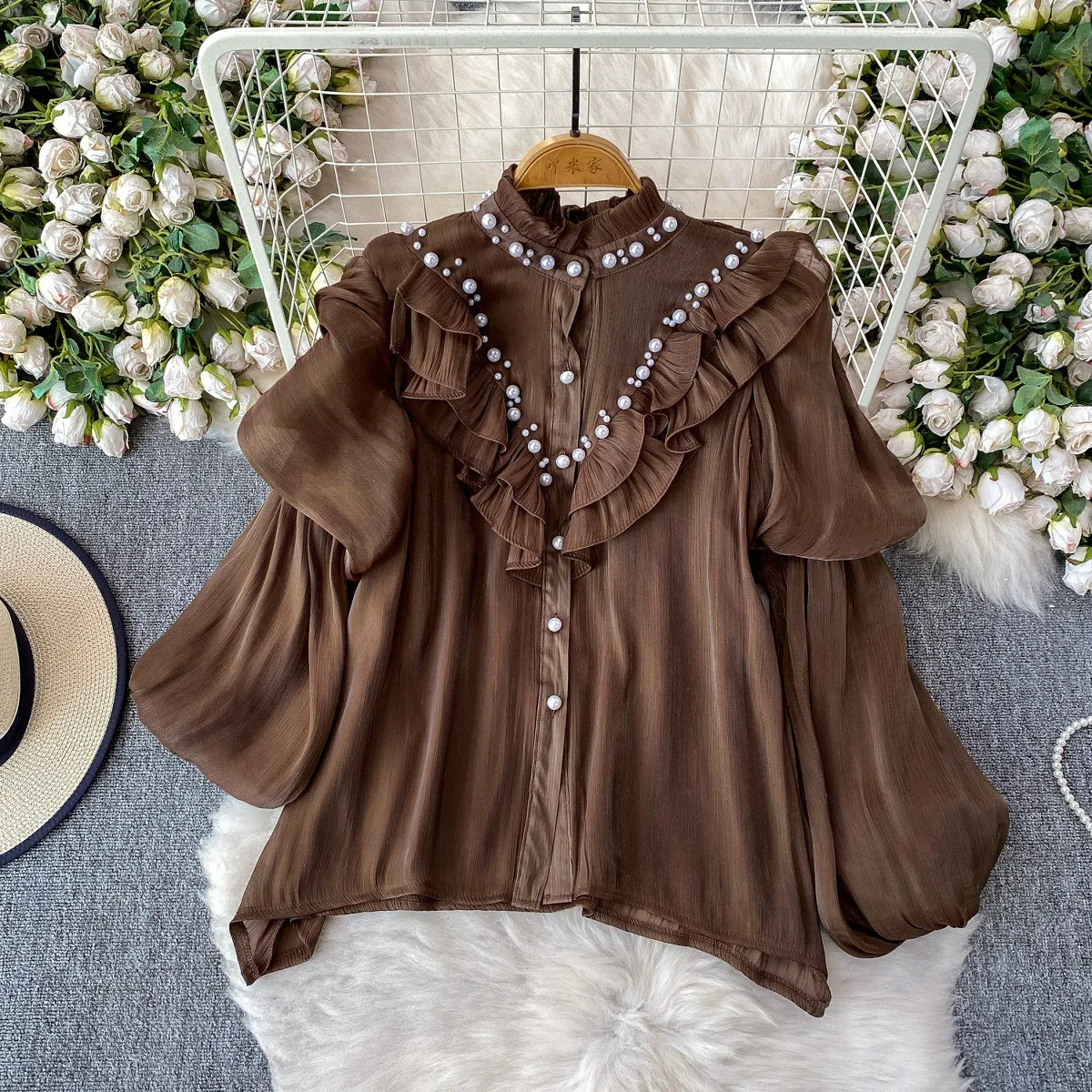 Luxury Pearl Decor Blue Chiffon Long Sleeve Blouse Women Spring Multi-layer Patchwork Lantern Sleeve Lolita Girlish Shirt Tops