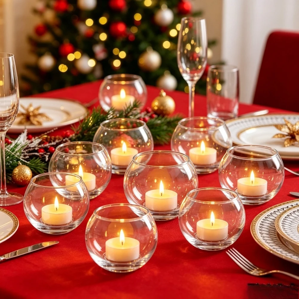 Transparent Round Glass Tealight Holder with LED Candle Light Bowl Shaped Candlestick Centerpiece Xmas Wedding Table Decoration