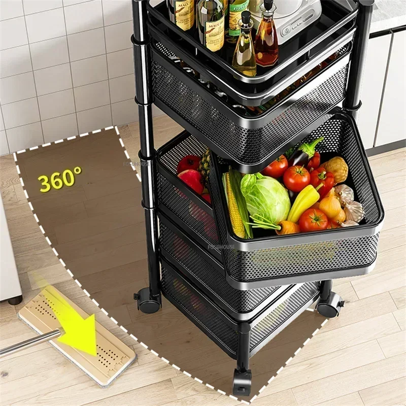 Kitchen Storage Multi-functional Fruit Vegetable Organizer Cart With Wheels Rotating Kitchen Trolleys