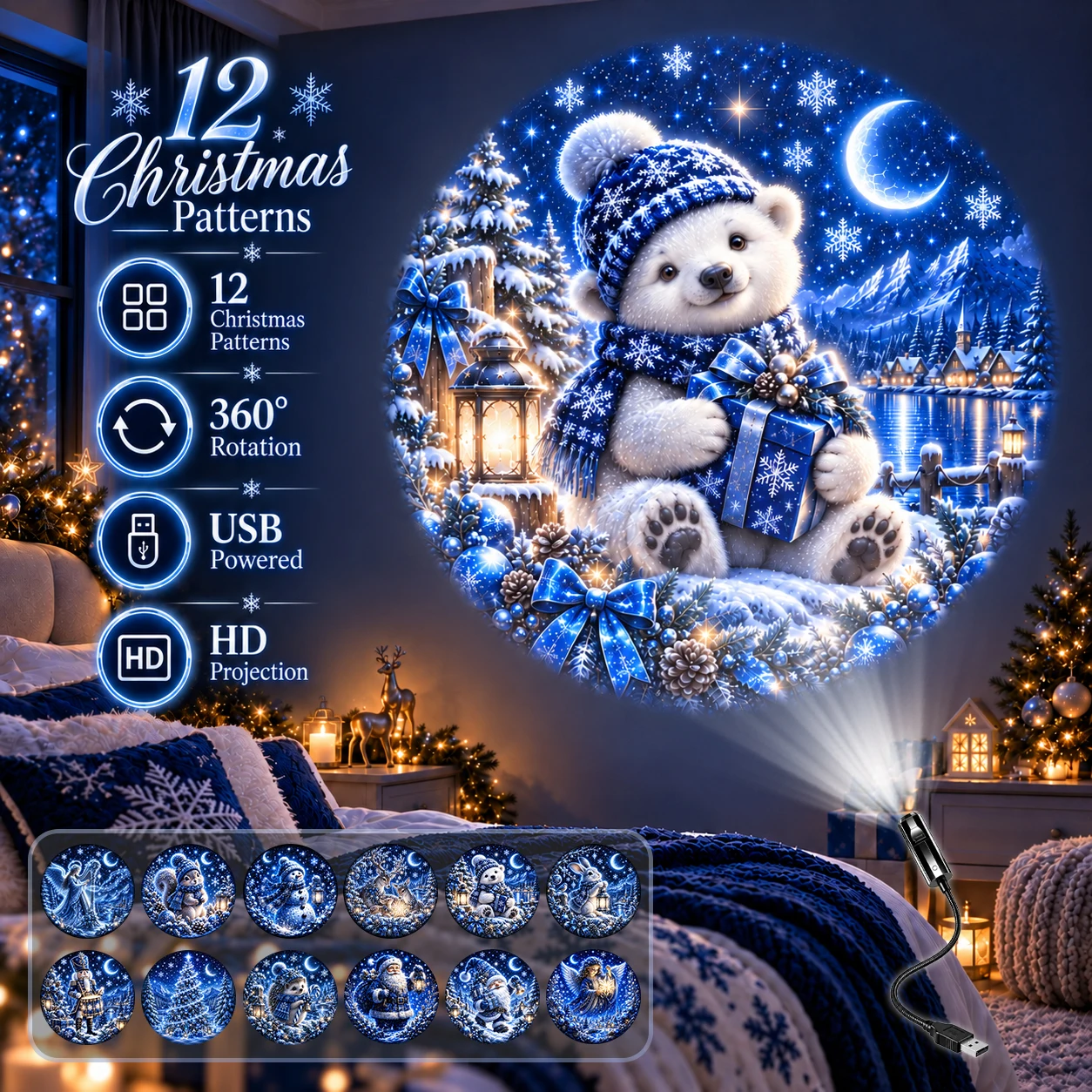 Christmas-Themed Projection Night Light—Ideal for Creating a Festive Atmosphere in Bedrooms and Living Rooms.