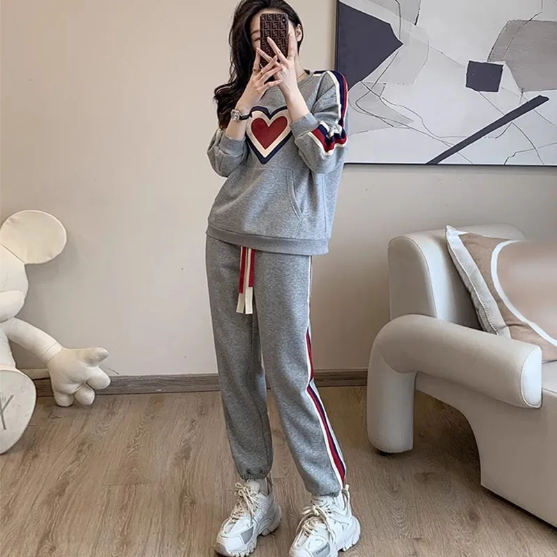 Women Casual Tracksuit 2024 Autumn Winter Love Print Sweatshirts+Pants Two Pieces Sets Thicken Warm Female Loose Sports Outfits