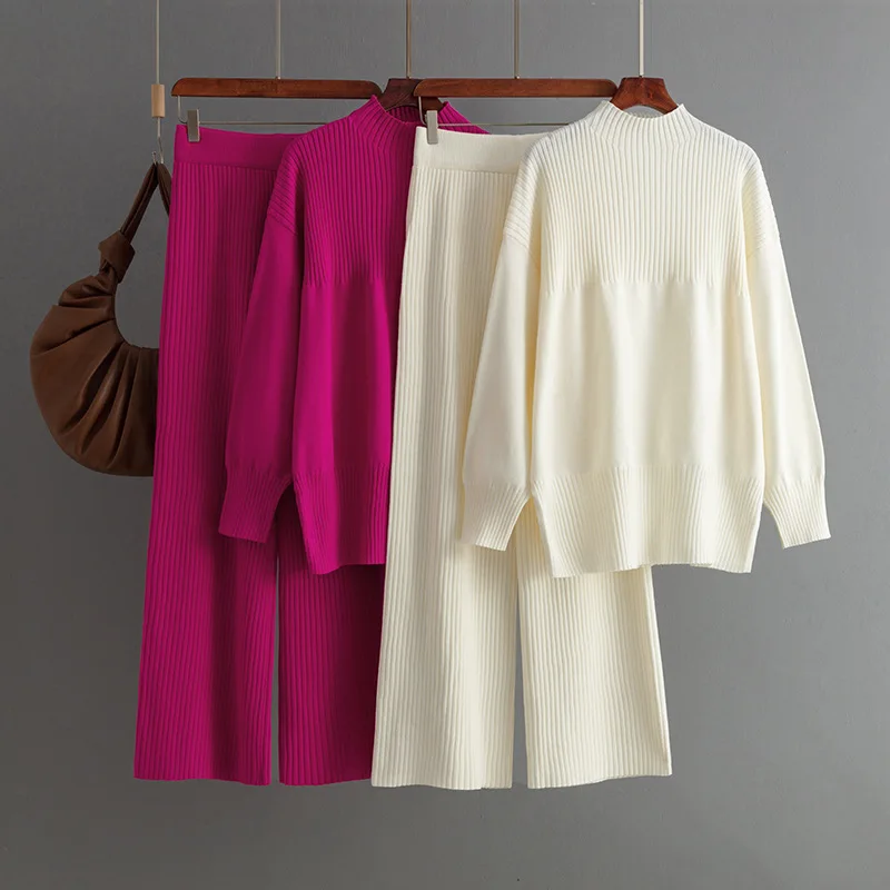 Autumn Winter Korea Knit Sets Women Loose Split Top High Waist Wide Legs Long Pants Newest Chic Knitting Sweater 2PC Suits B842