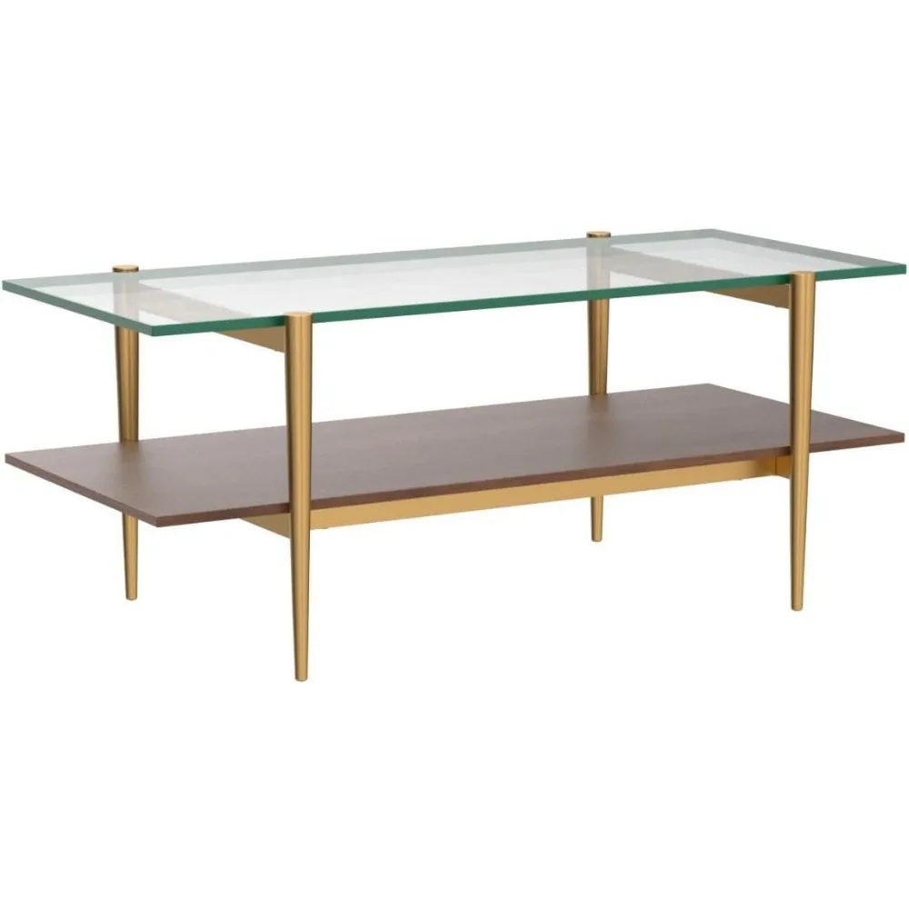 

Tadio Glass Coffee Table Double Layer Glass Coffee Table for Living Space, Gold Finish Frmae Ultra-Clear Glass & Walnut Wood Top