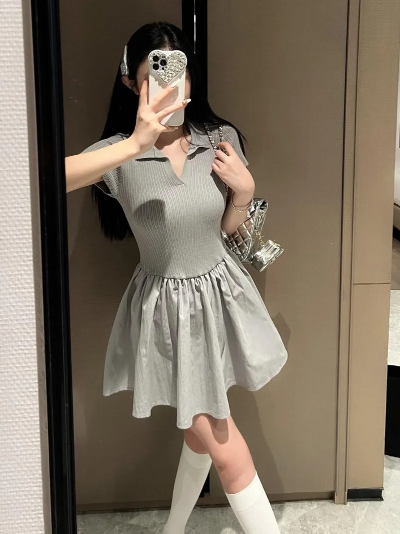 

Hot Girl Preppy Style Short-sleeved Dress Women's Summer Turn-down Collar Slim Fit A-line Short Dress Fashion Female Clothes
