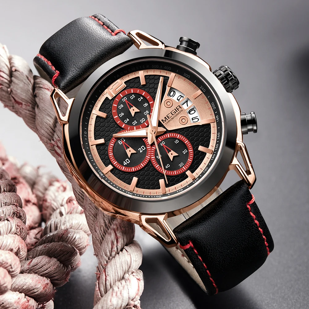 

MEGIR модные брендовые военные спортивные часы для мужчин, кожаные кварцевые деловые часы с хронографом, водонепроницаемые мужские наручные часы с датой 2071