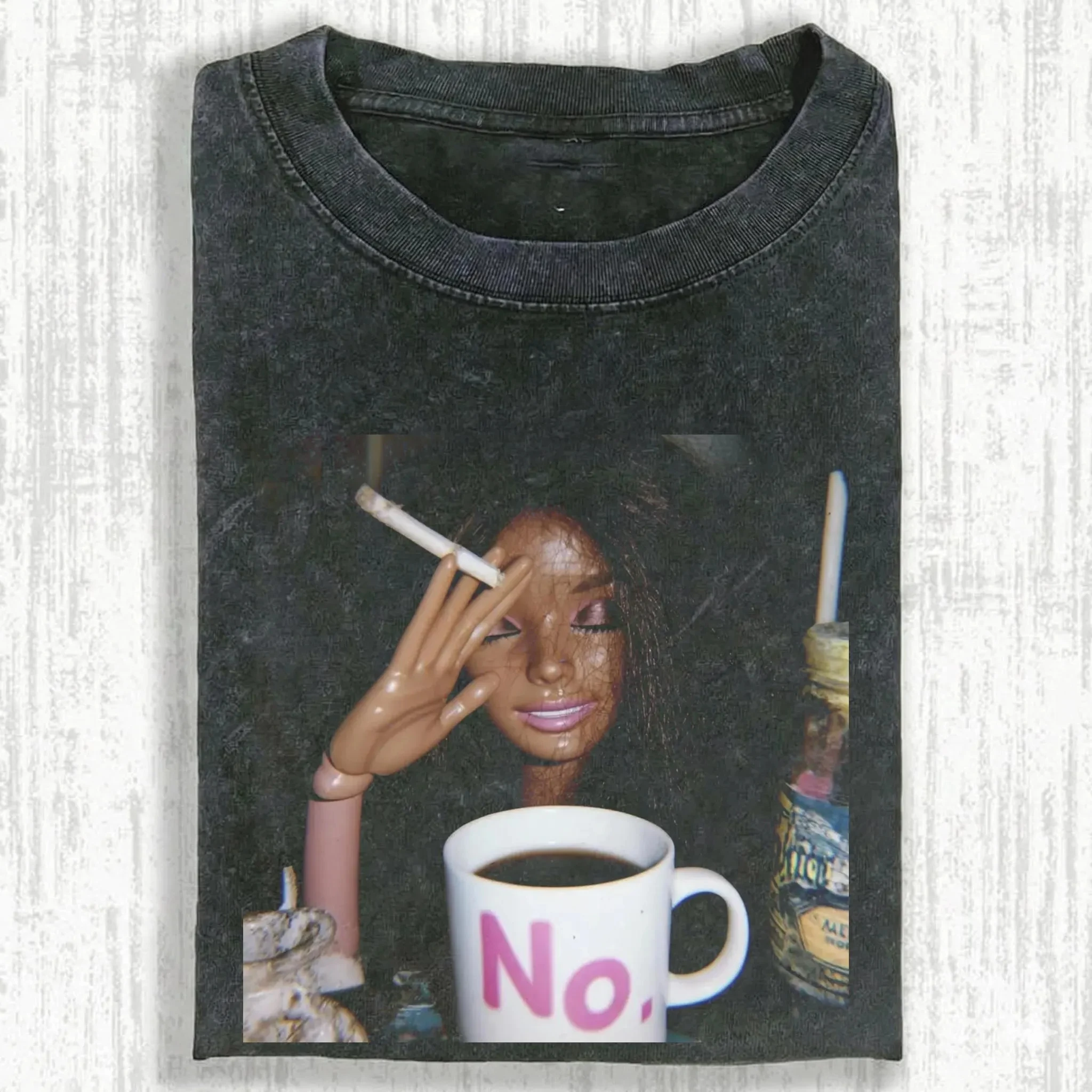90s Retro Distressed Doll Emoji T-Shirt Satirical Pattern Fun and Trendy  Washed Pure Cotton Couple Spring/Summer Loose Shirt
