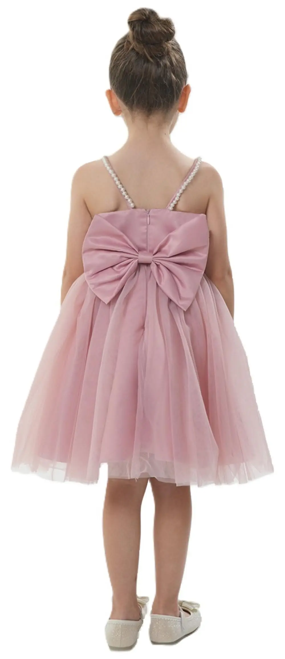 Girl Toddler Satin A-Line Pearl Strap Bow Tulle Flower Girl DressใPinkใ