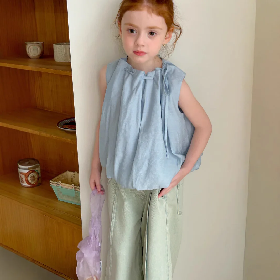 قمصان الفتيات 2025 ملابس الأطفال الصيفية الجديدة الكورية نمط فتاة طفل النمط الأجنبي زهرة دمية قميص عادية بسيطة يوميا