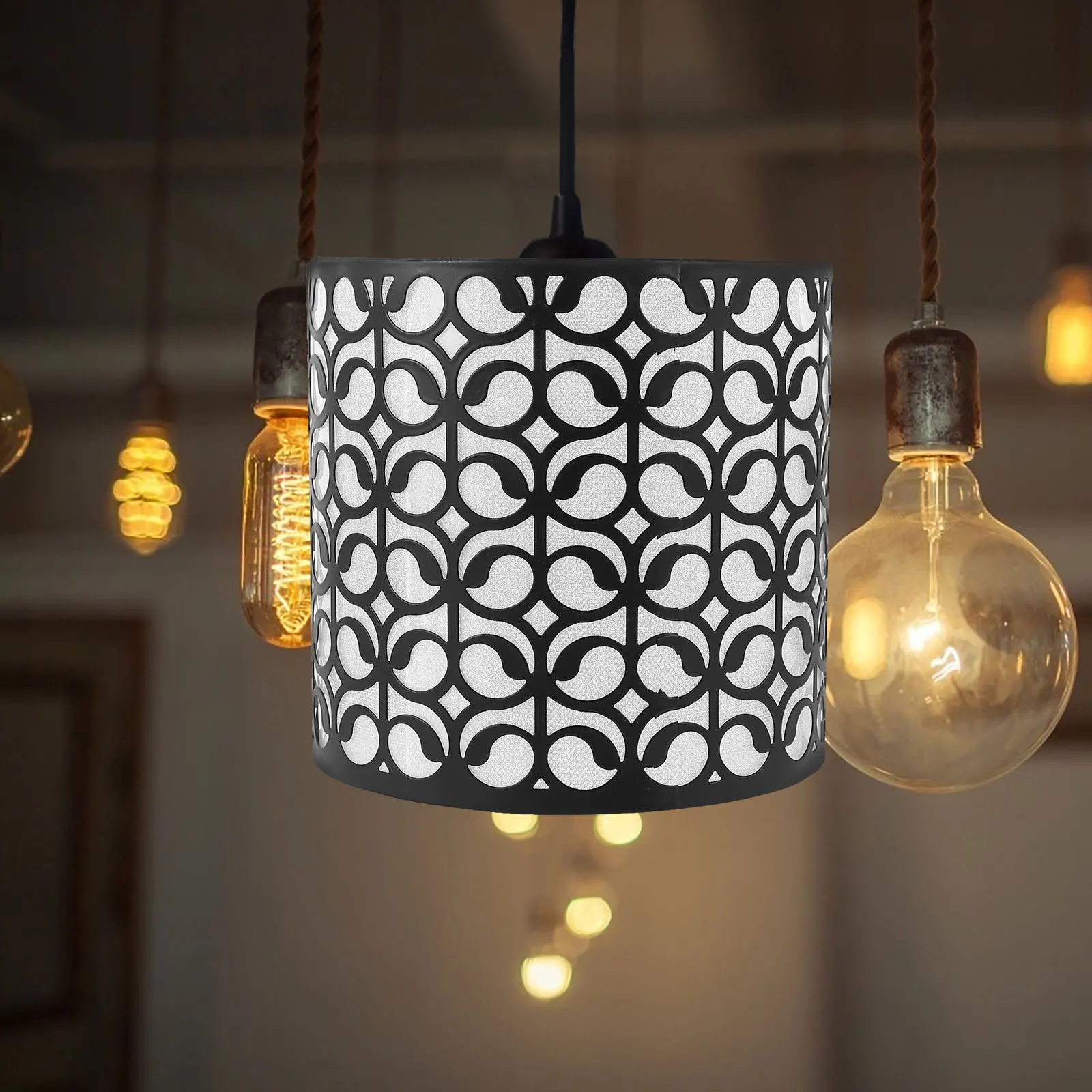 

Black Metal Cat Owl Hollow Lampshade Cylinder Pendant Lamp Cover E27 Fixture for Living Room Bedroom Dining Room