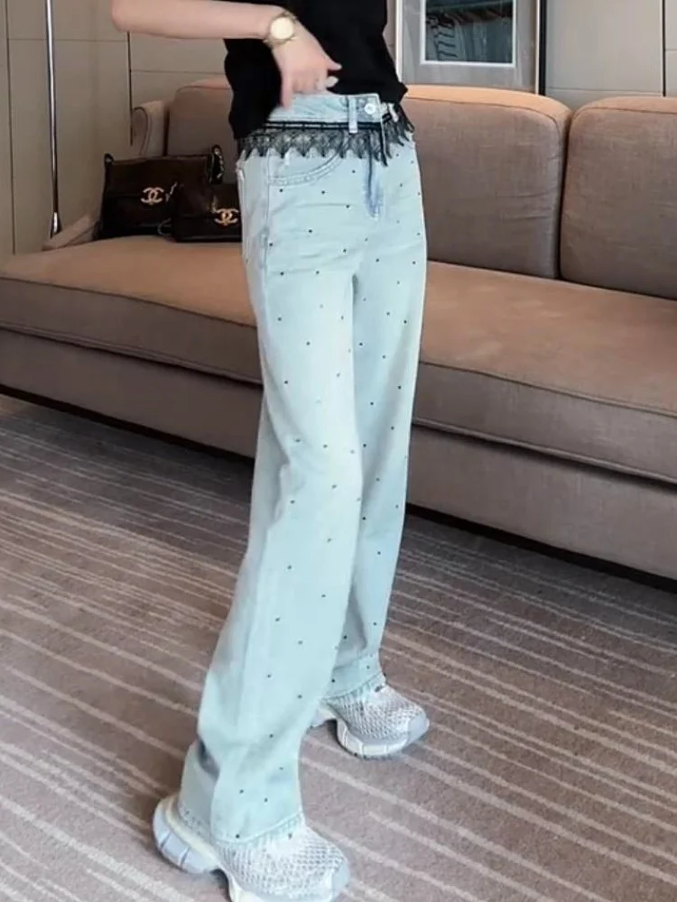

Design sense lace splicing slim jeans for women spring 2025 new narrow version straight leg wide leg floor pants