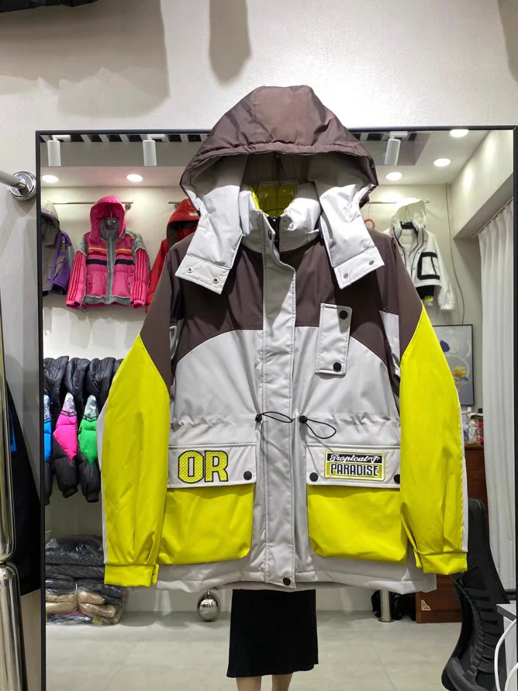 2025年冬 ダウンジャケット レディース 刺繍レターステッチ コントラストコート メンズ レディース カップル ルーズ ホワイトダック パフコート アウター