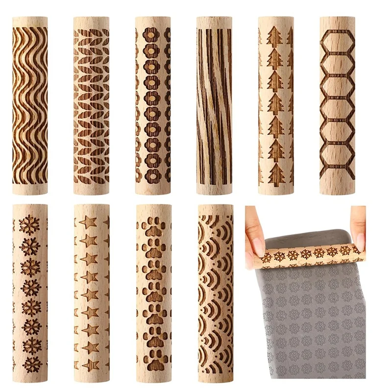 10 Pcs Wooden Clay Texture Rollers Set for Pottery and Ceramics, Stamp Roller Tools for Slab Building Sculpting Handmade-SPMI