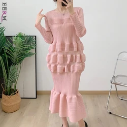 EGRM Pleated Nine-quarter Sleeve O-Neck Design Women's Dresses Female Slim Lantern Package Hip Pleated Skirt Sub 2024 New 9G0706