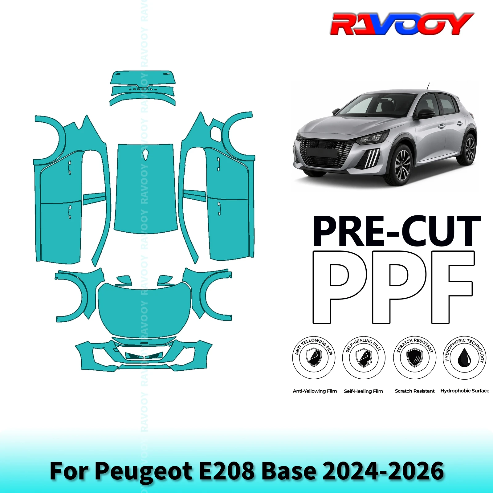 For Peugeot E208 Base 2024-2026 Full Exterior Body 8.5Mil Pre-Cut Paint Protection Film PPF Stone Chip Kit | Clear/Matte/Black