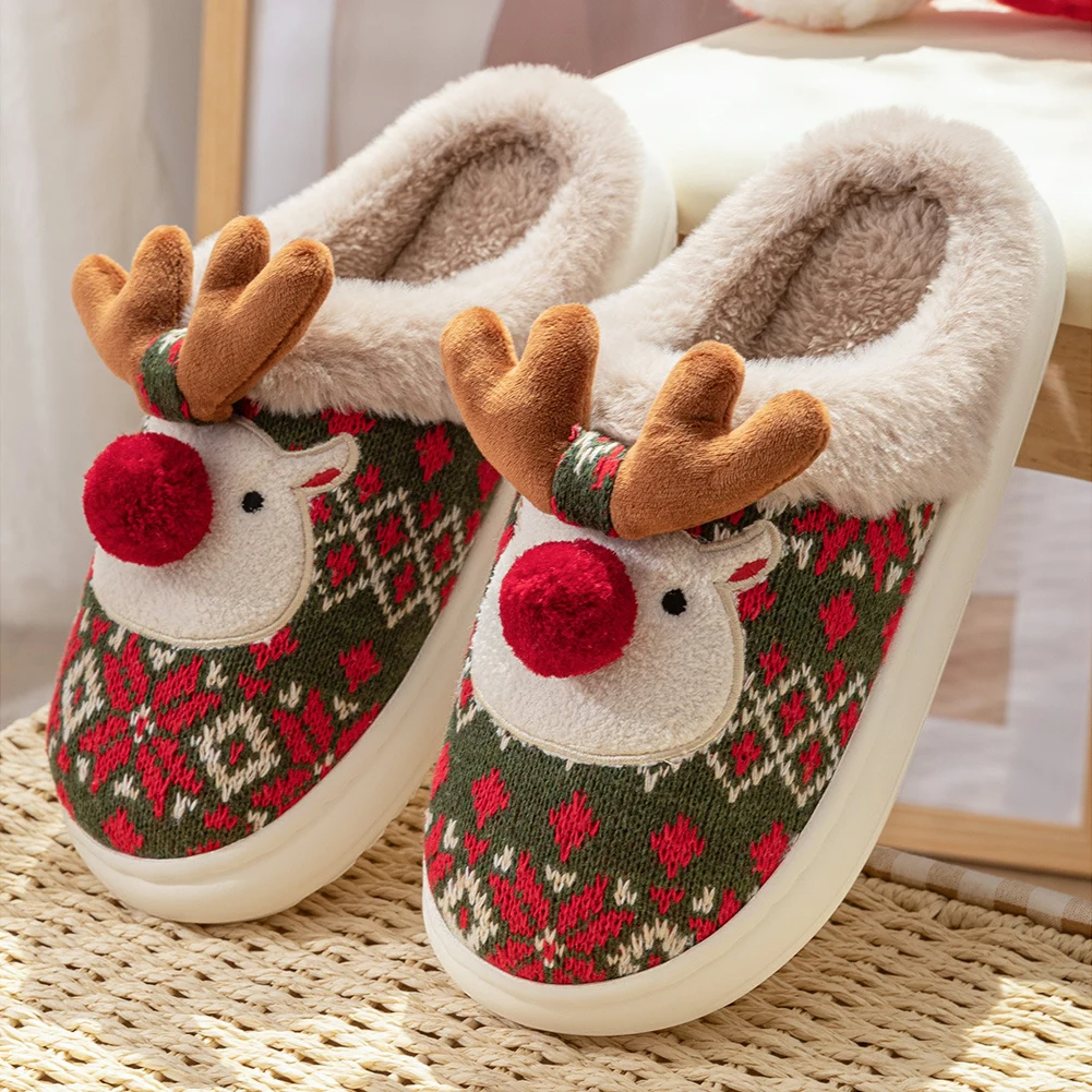 

Christmas Elk Plush Slippers Warm Slip-on House Shoes Comfortable Furry Reindeer Slipper Cute Animal Slippers for Autumn Winter