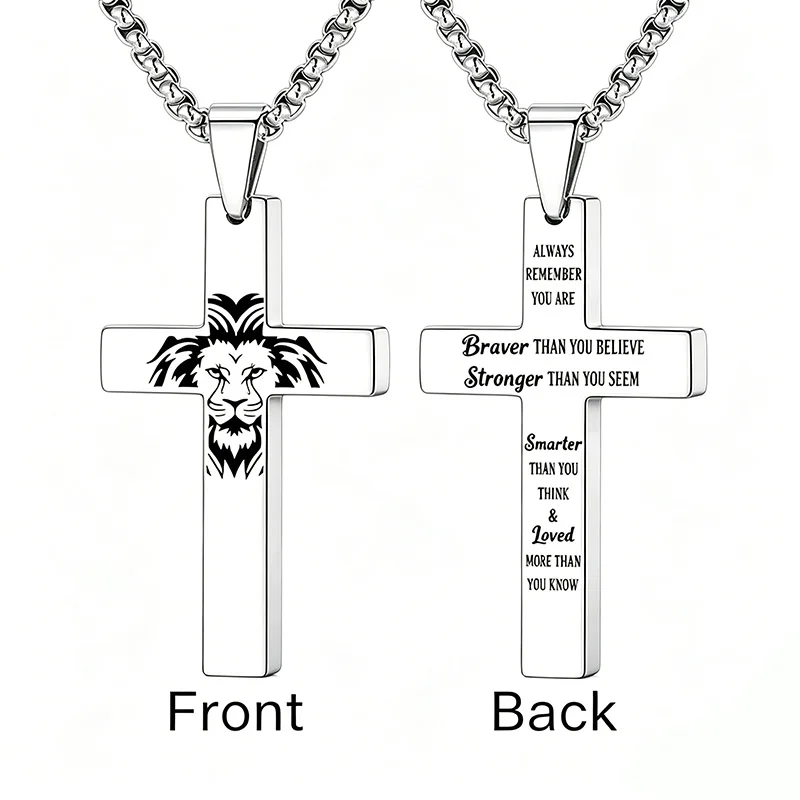 Inspirational Christian Lion Cross Pendant Double Sided Necklace Engraved Stainless Steel Religious Jewelry Gift For Men
