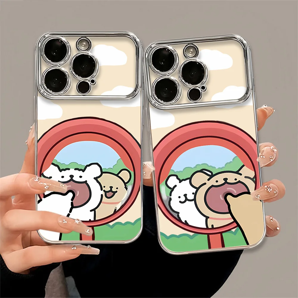 Couple line puppy looking in the mirror For iPhone 15 14 13 12 11 Pro Max Plus Large Window Hard Shock Case