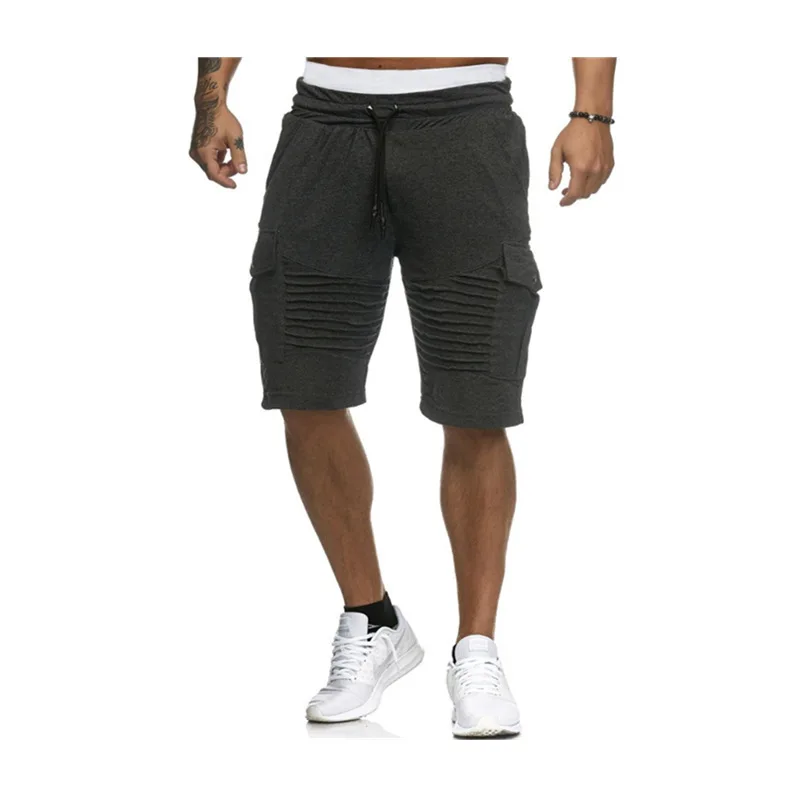 Men's casual striped pocket  shorts with drawstrings, solid color, and five-point length, suitable for spring and summer sports