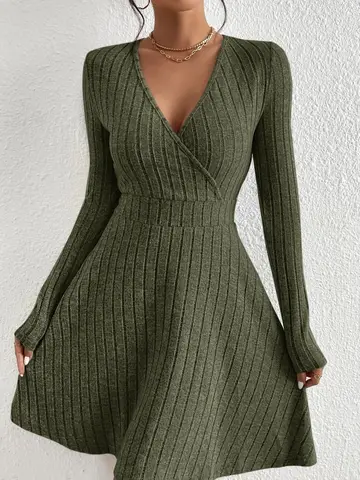Women's Slim Fit V-Neck Long Sleeve Knit Dress Autumn/Winter  Sexy Bodycon Sweater Midi Casual Solid Color Dress